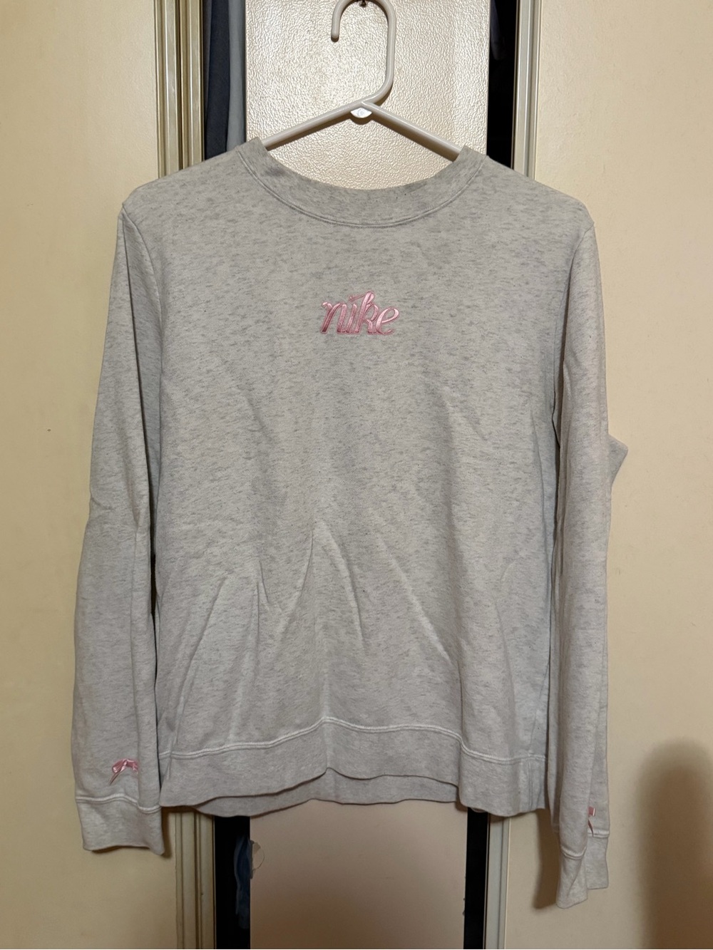 Nike Light Heather Gray Crewneck Sweatshirt with Pink Script Logo